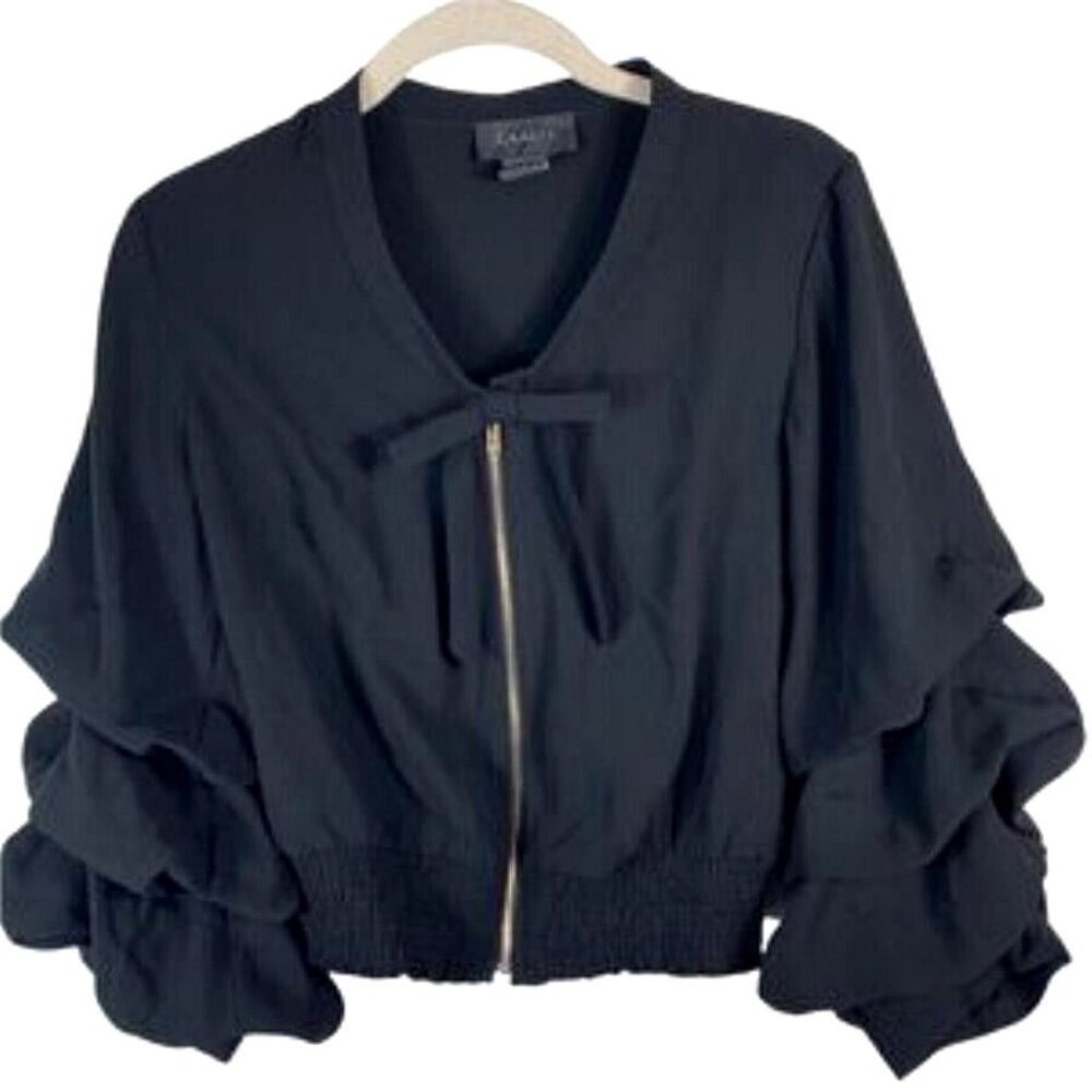 New Gracia Black Ruffle Sleeve V-Neck Zip Blouse Top - Picture 4 of 15